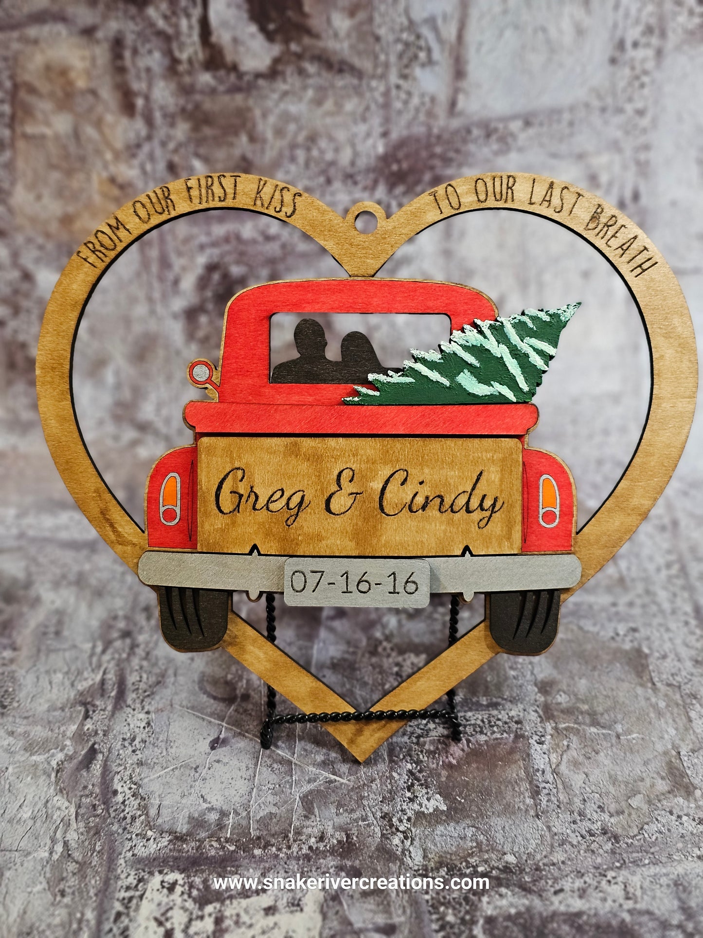 Old Truck with Christmas Tree Ornament or Sign - From our First Kiss to Our Last Breath