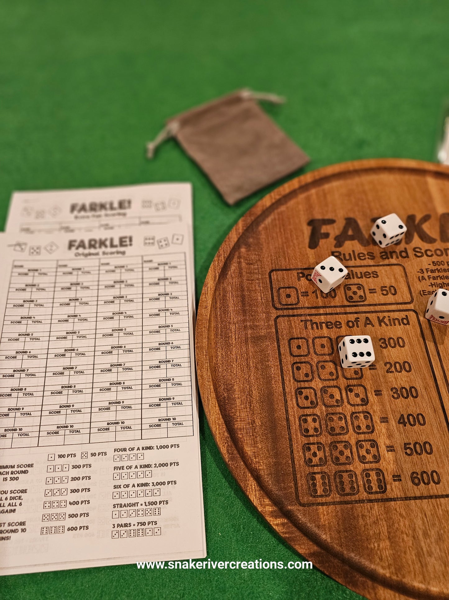 12" Farkle Game Board -Choice of Round or Square- Includes Dice, Score Cards and Laminated Instructions
