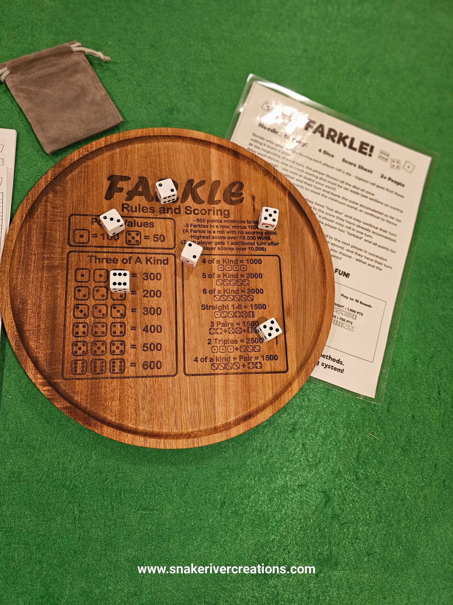 12" Farkle Game Board -Choice of Round or Square- Includes Dice, Score Cards and Laminated Instructions