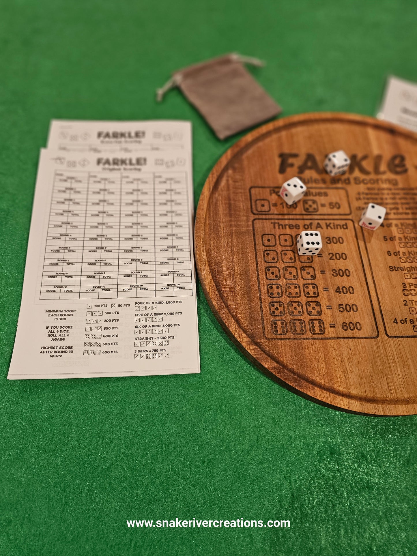 12" Farkle Game Board -Choice of Round or Square- Includes Dice, Score Cards and Laminated Instructions