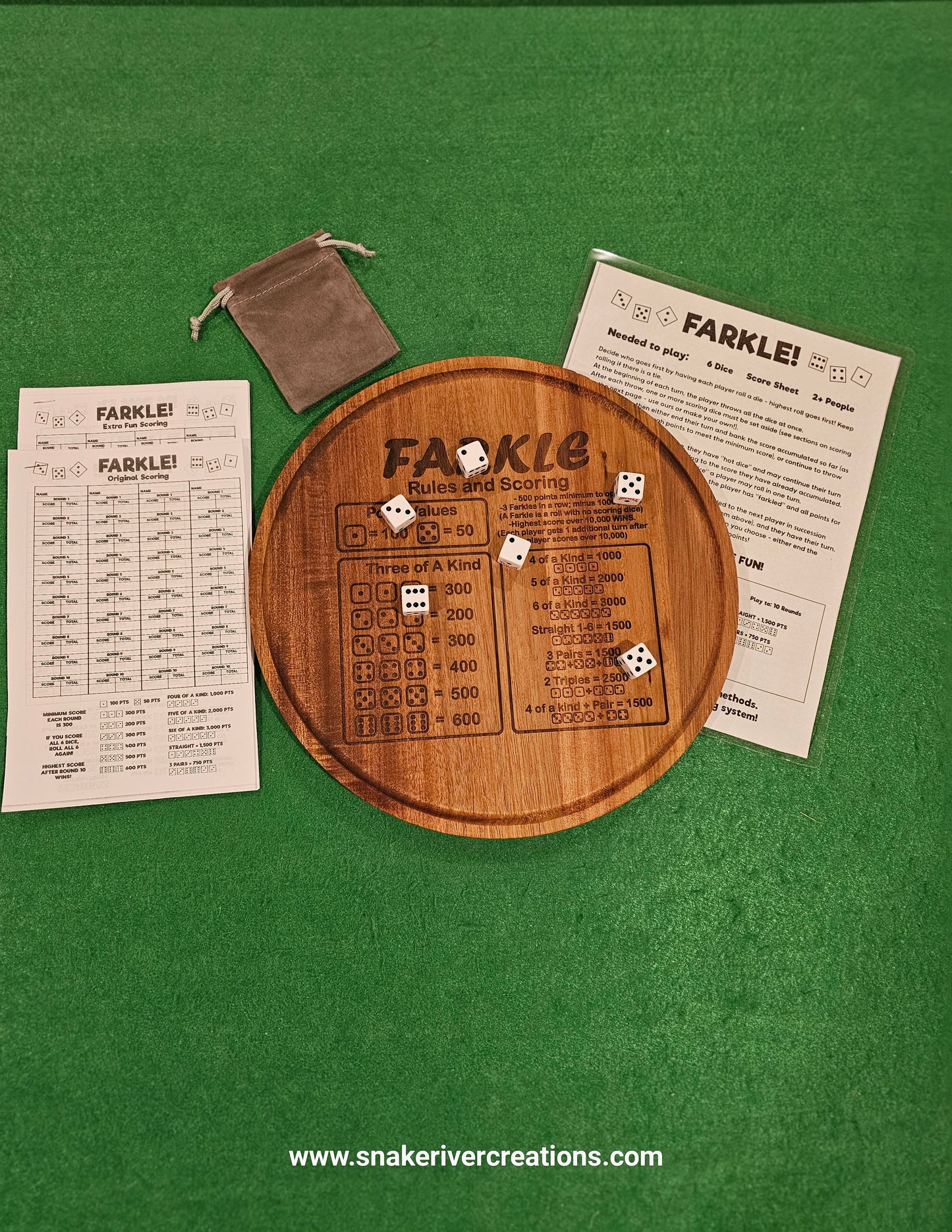 12" Farkle Game Board -Choice of Round or Square- Includes Dice, Score Cards and Laminated Instructions