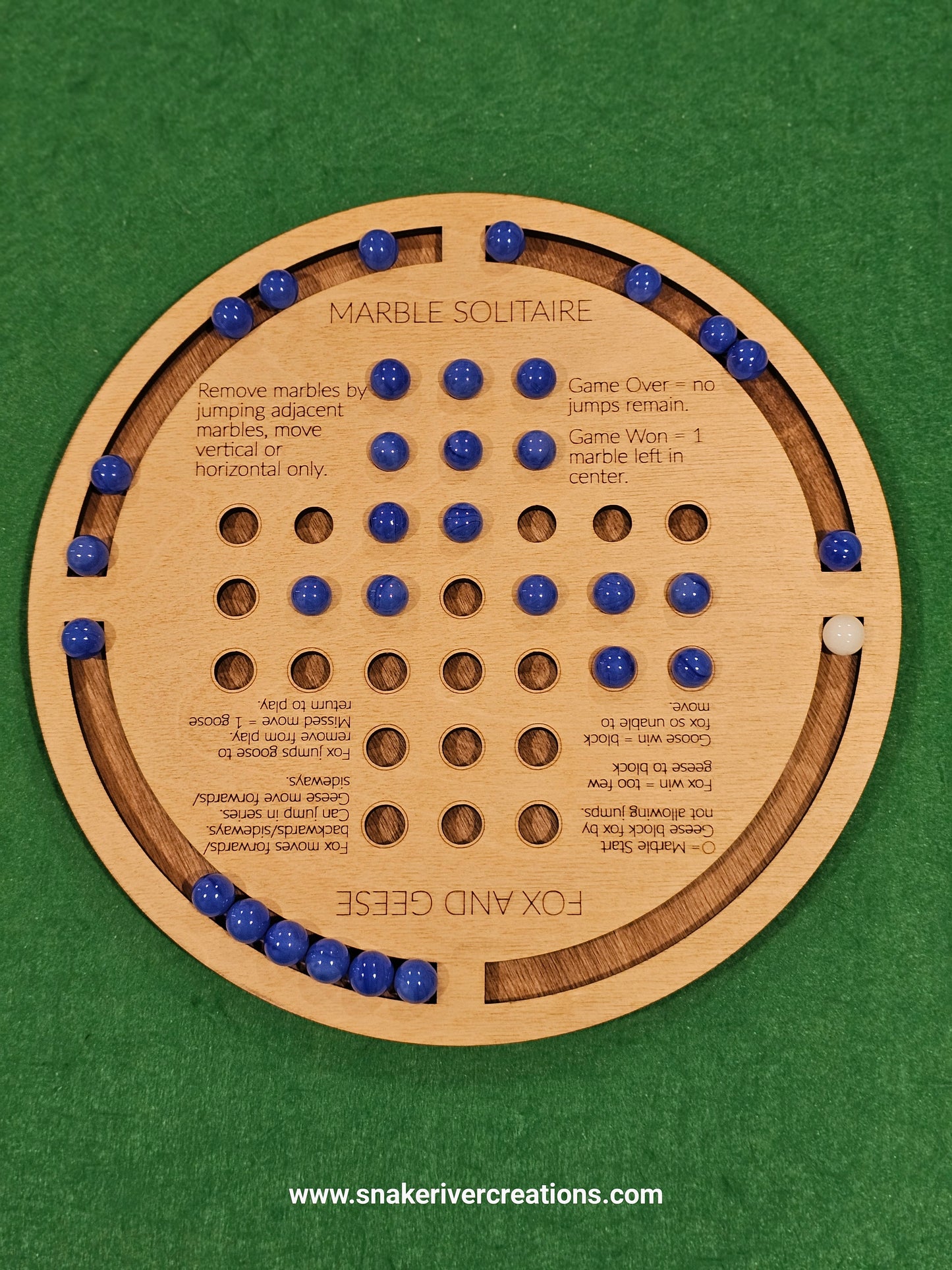 Wooden Marble Solitaire and Fox and Geese - 2 games in 1 on 11 Inch Board