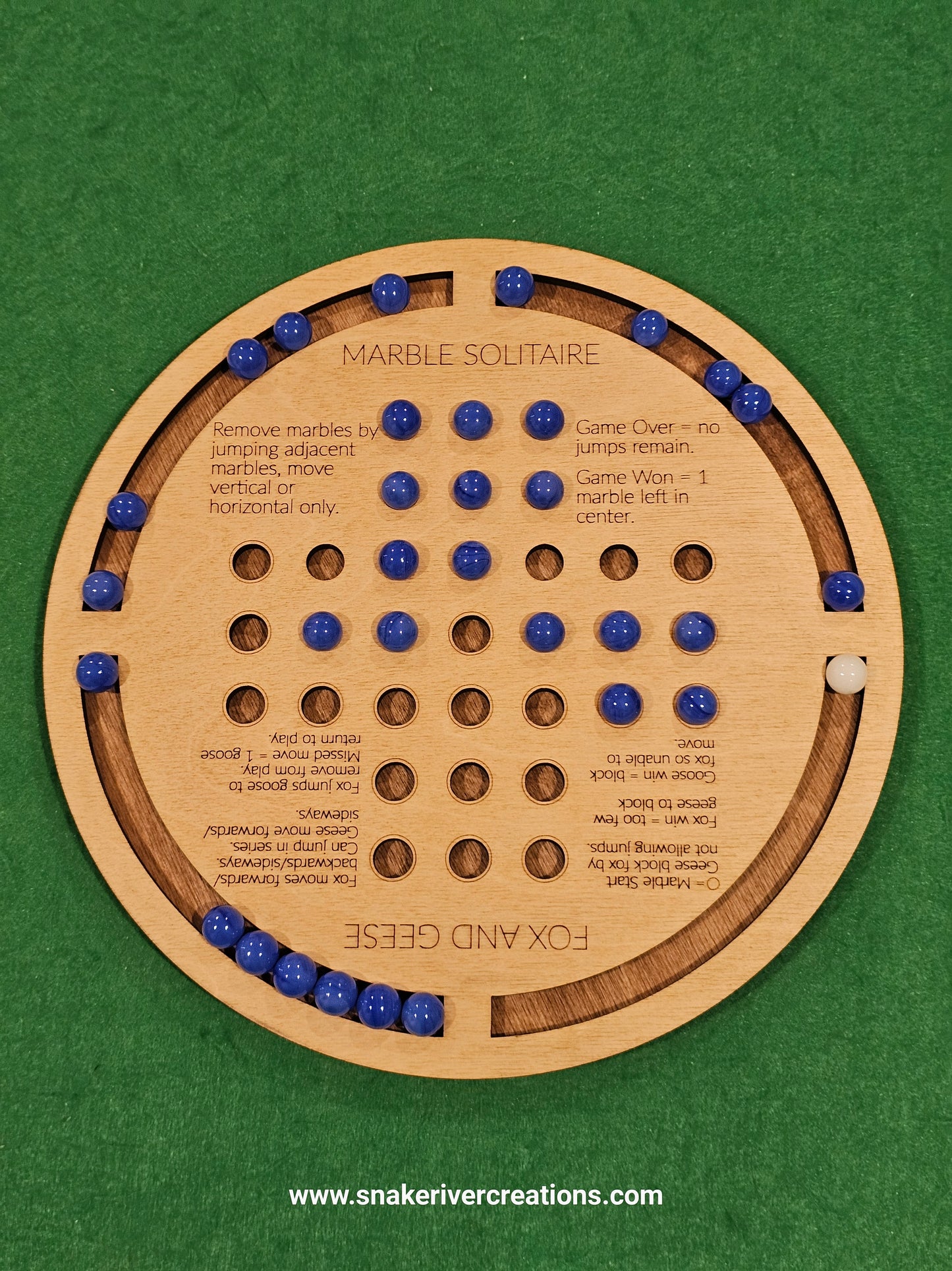 Wooden Marble Solitaire and Fox and Geese - 2 games in 1 on 11 Inch Board