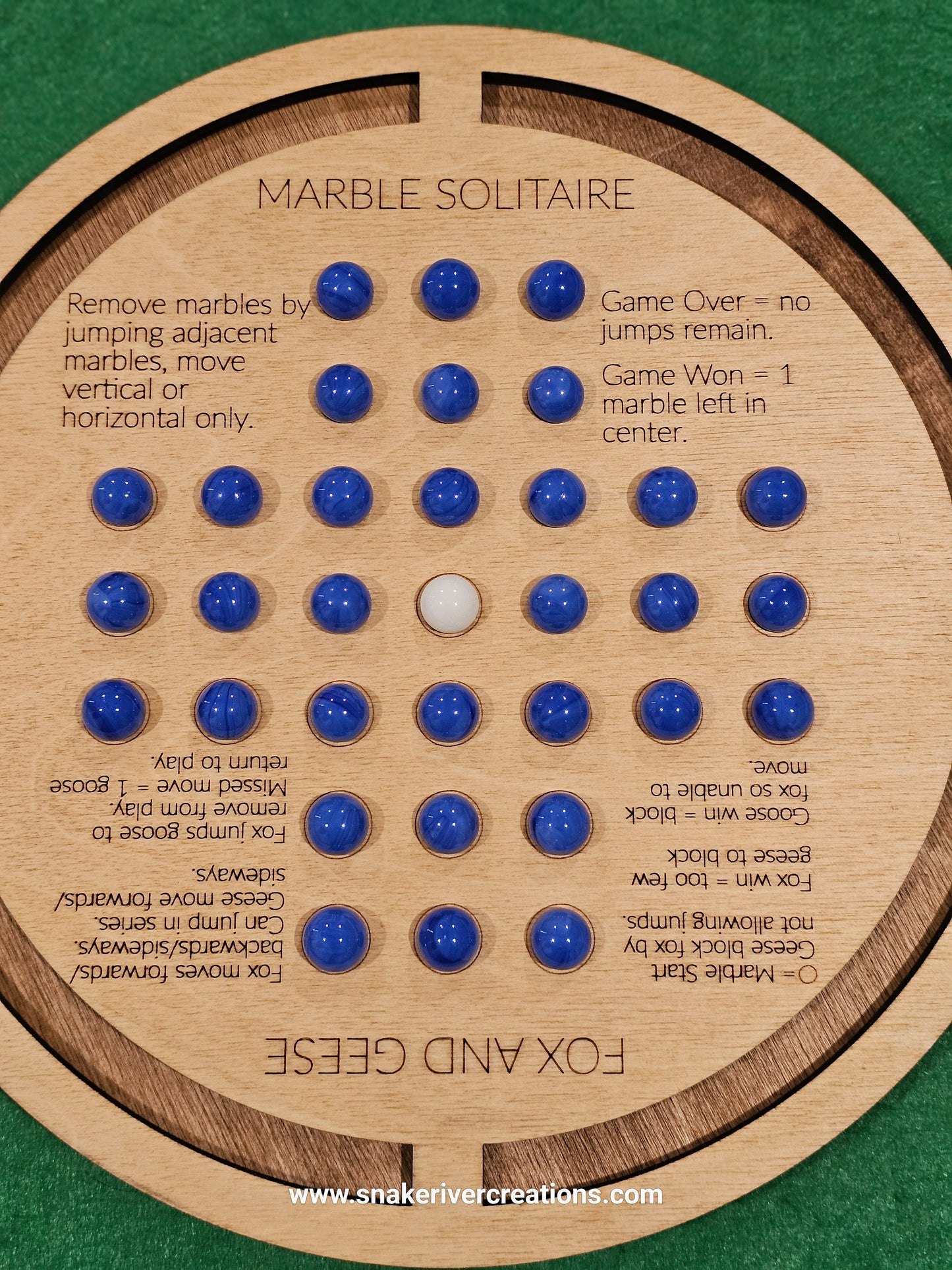 Wooden Marble Solitaire and Fox and Geese - 2 games in 1 on 11 Inch Board