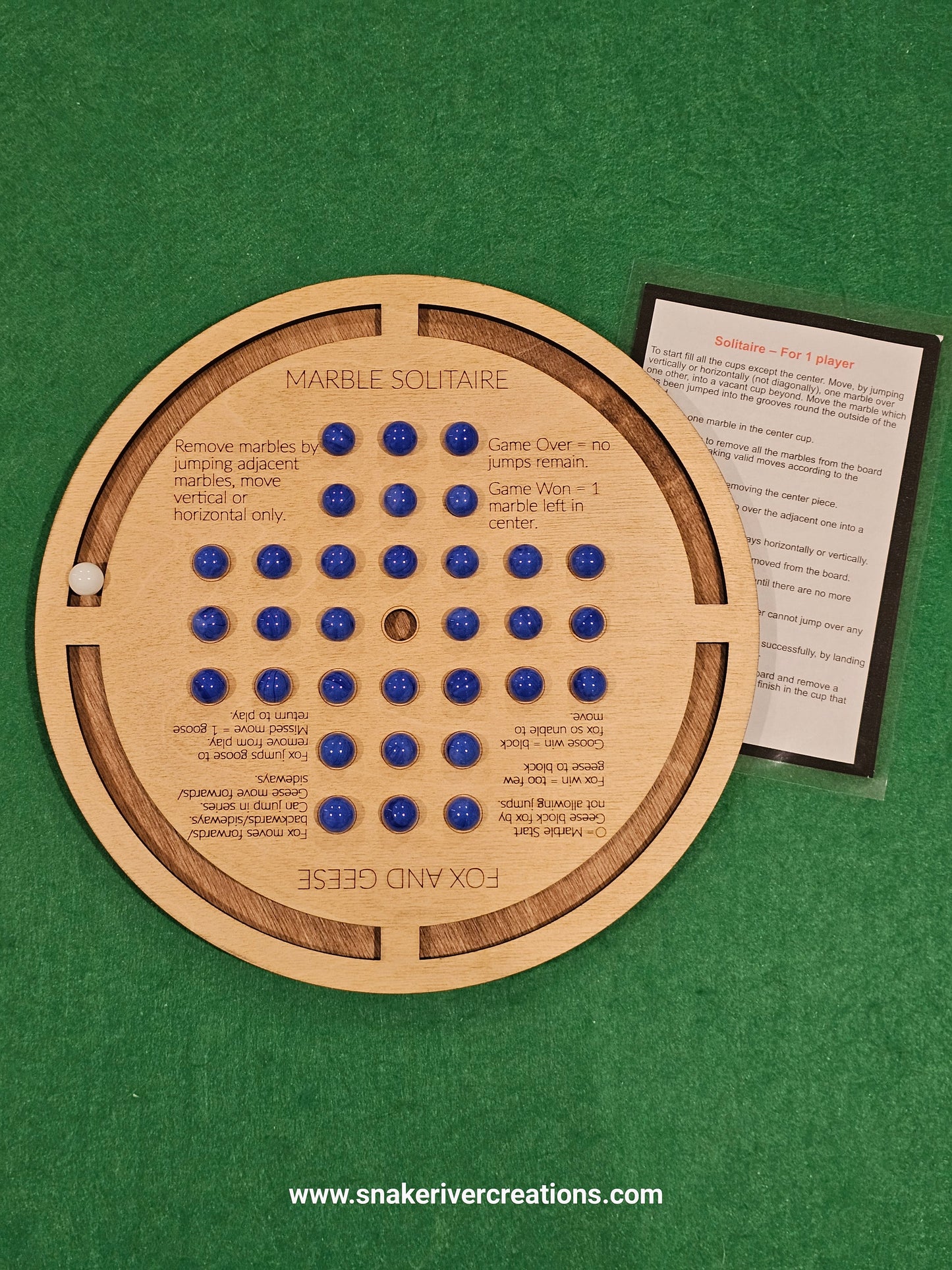 Wooden Marble Solitaire and Fox and Geese - 2 games in 1 on 11 Inch Board