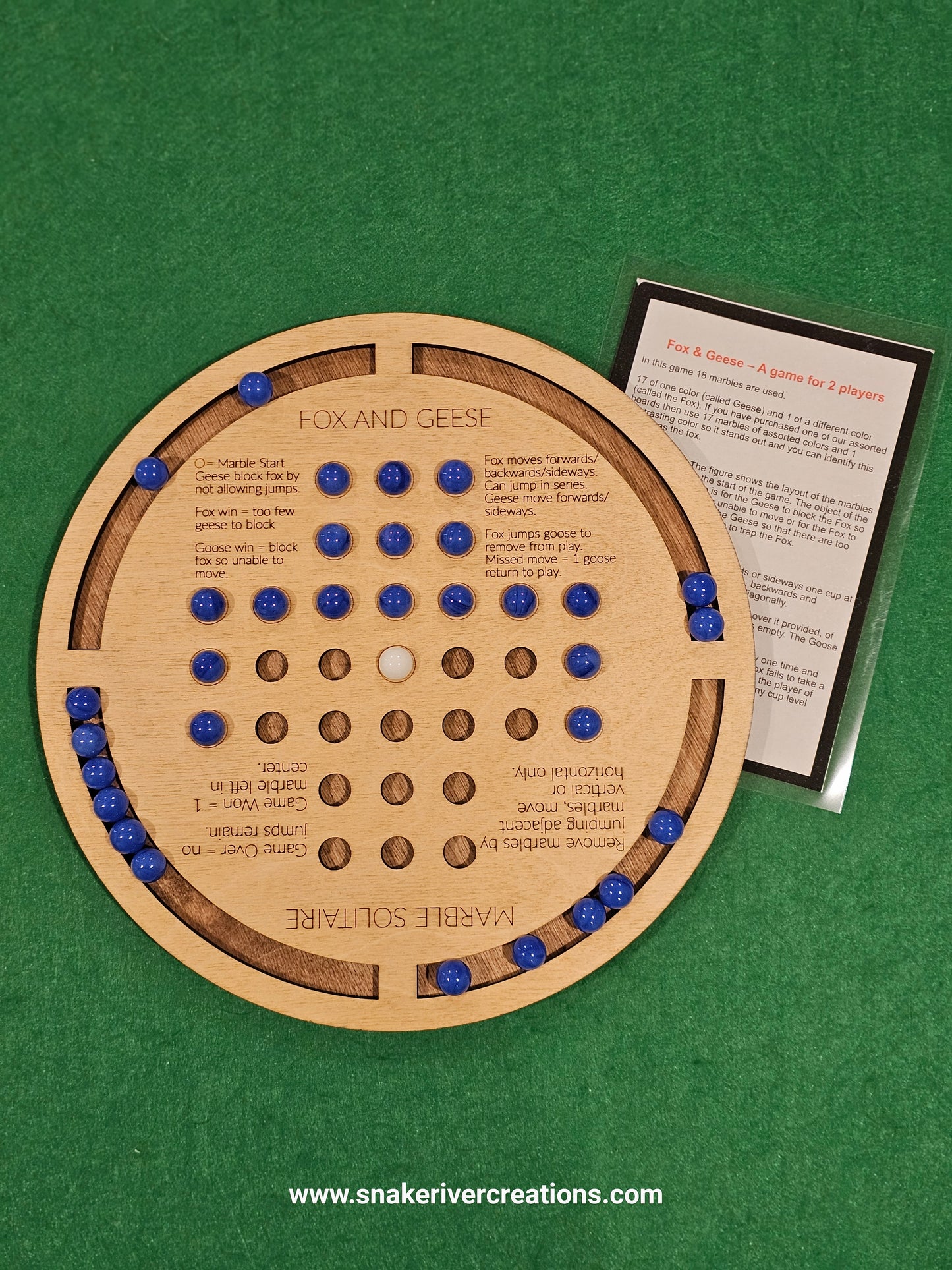 Wooden Marble Solitaire and Fox and Geese - 2 games in 1 on 11 Inch Board
