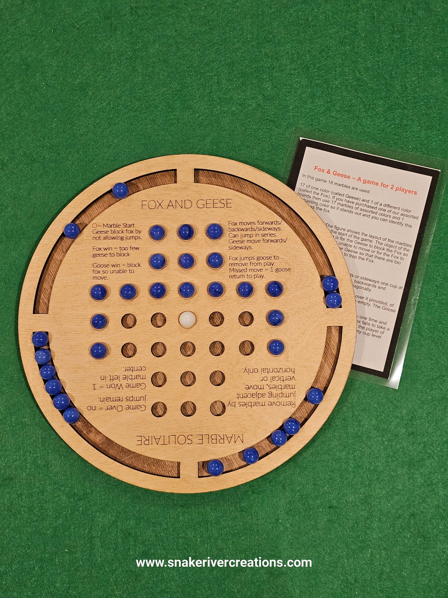 Wooden Marble Solitaire and Fox and Geese - 2 games in 1 on 11 Inch Board