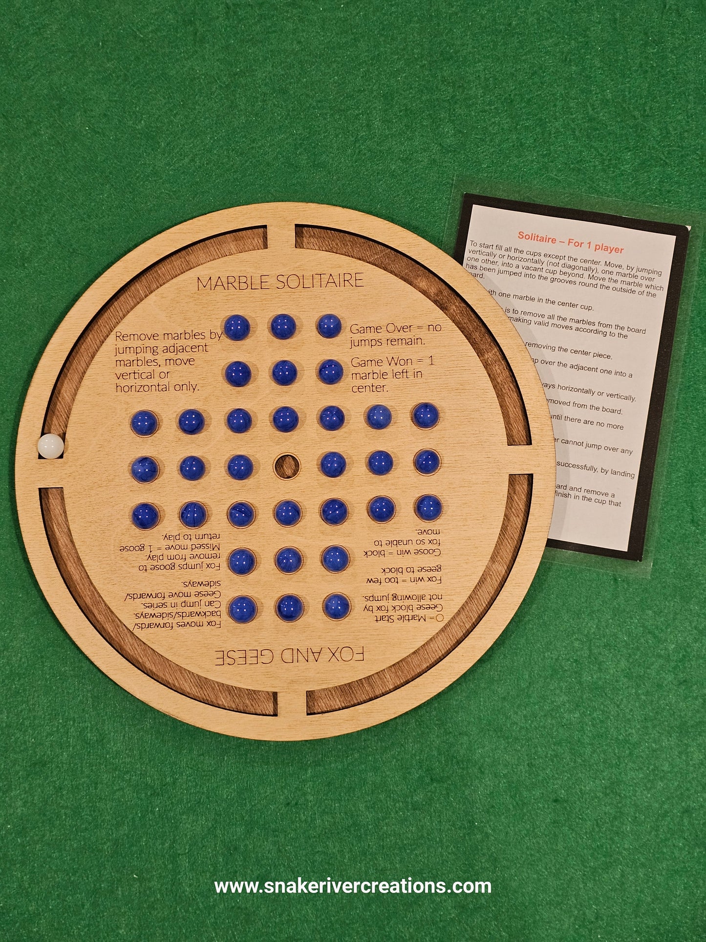 Wooden Marble Solitaire and Fox and Geese - 2 games in 1 on 11 Inch Board