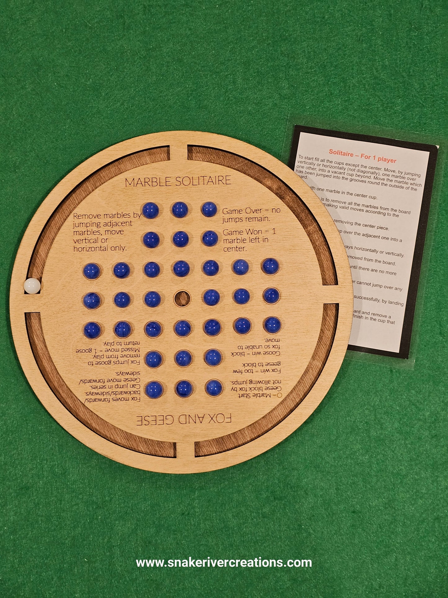 Wooden Marble Solitaire and Fox and Geese - 2 games in 1 on 11 Inch Board