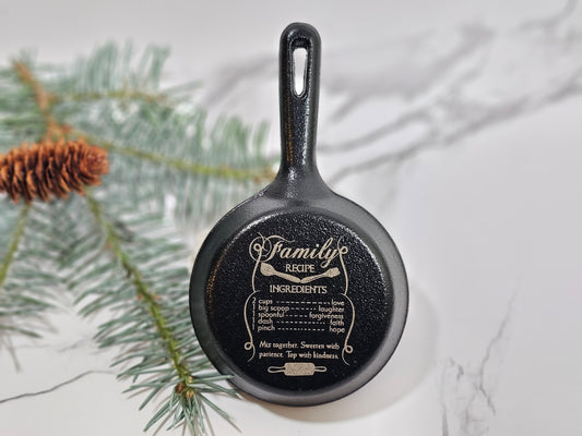 3.5" Engraved Cast Iron Skillet Home Wall Decor - Family Recipe