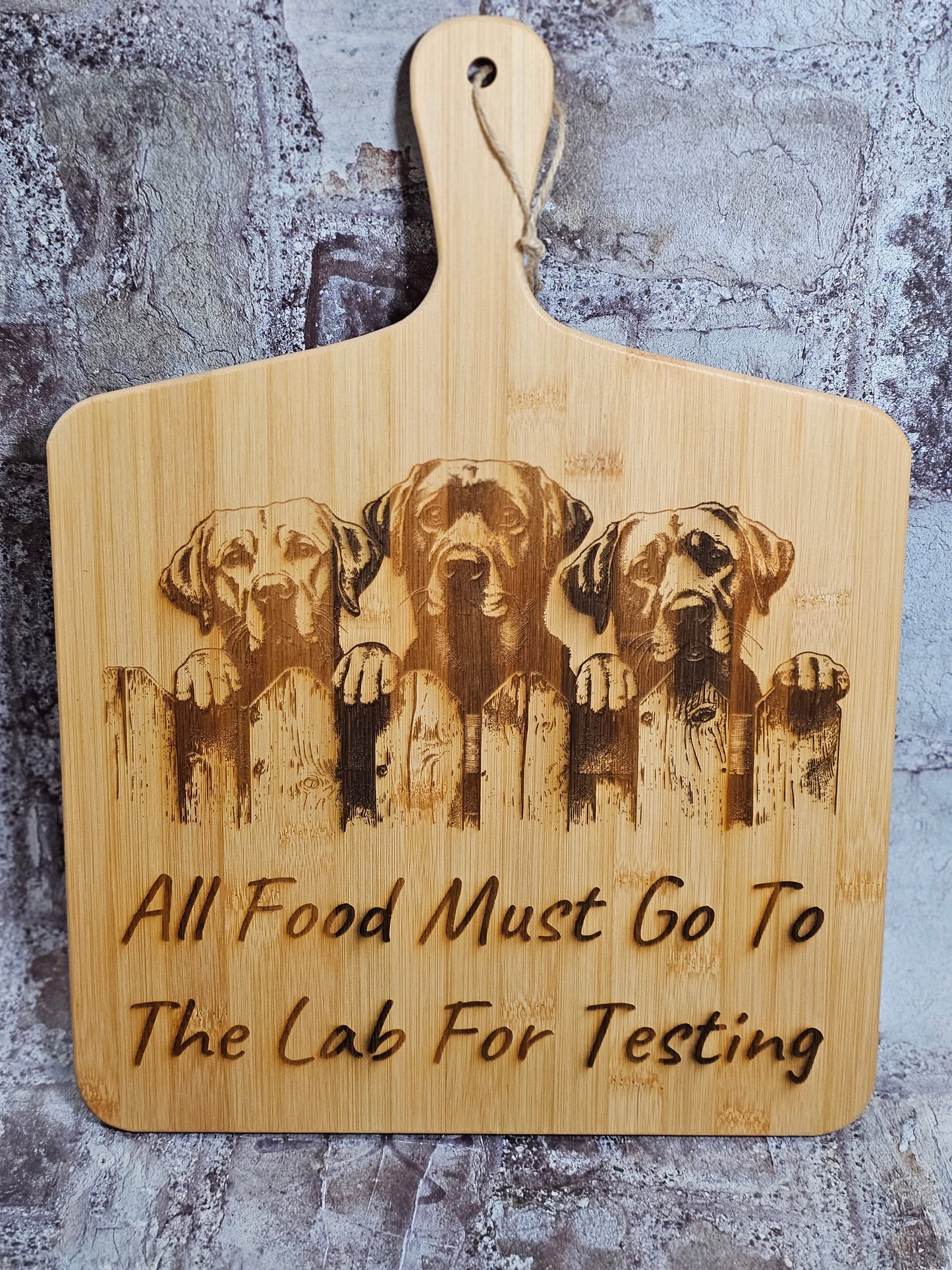 Large Engraved Bamboo Board – “All Food Must Go To The Lab For Testing” | Labrador Kitchen Décor