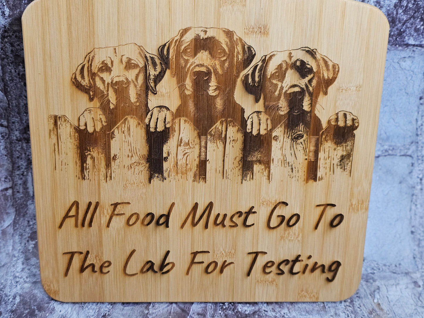 Large Engraved Bamboo Board – “All Food Must Go To The Lab For Testing” | Labrador Kitchen Décor