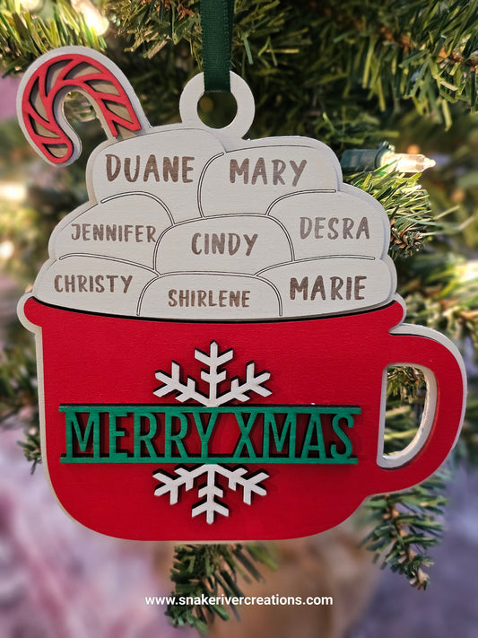 Personalized Hot Cocoa Christmas Ornament Engravable from 2 to 11 Names