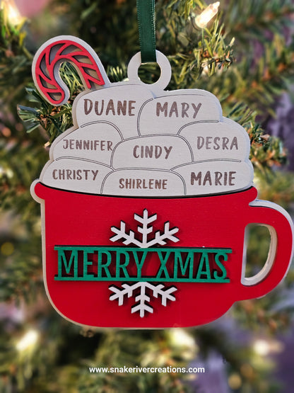 Personalized Hot Cocoa Christmas Ornament Engravable from 2 to 11 Names