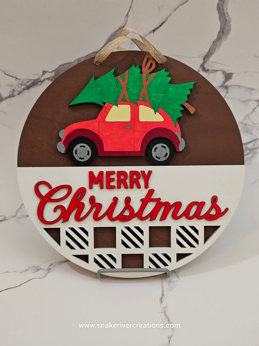 Car Hauling a Christmas Tree Home - Merry Christmas 11" Sign