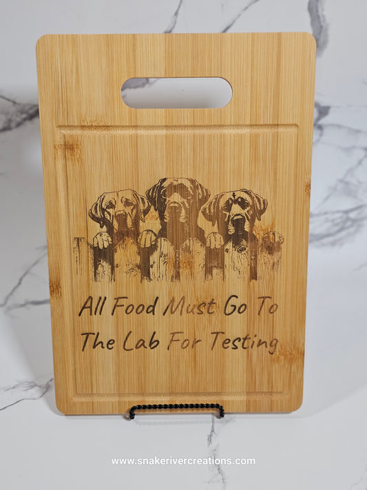 Engraved Bamboo Board – “All Food Must Go To The Lab For Testing” | Labrador Kitchen Décor