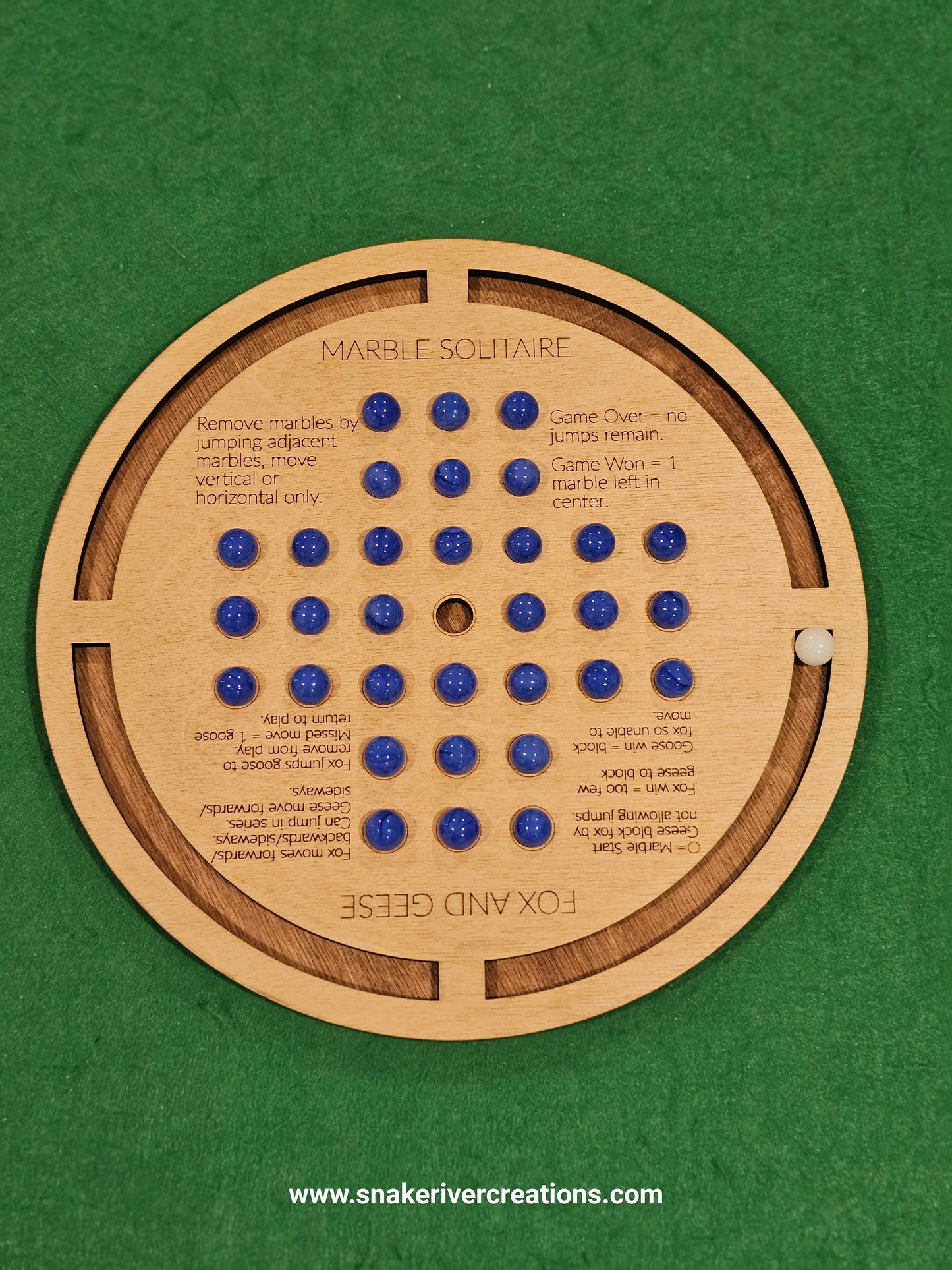 Wooden Marble Solitaire and Fox and Geese - 2 games in 1 on 11 Inch Board