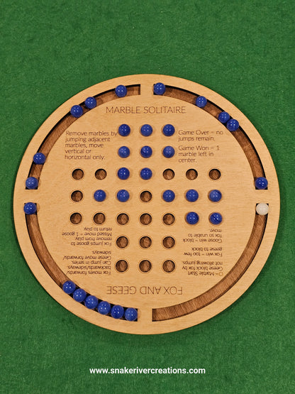 Wooden Marble Solitaire and Fox and Geese - 2 games in 1 on 11 Inch Board