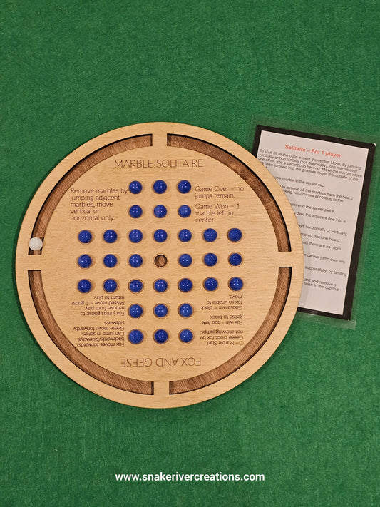 Wooden Marble Solitaire and Fox and Geese - 2 games in 1 on 11 Inch Board