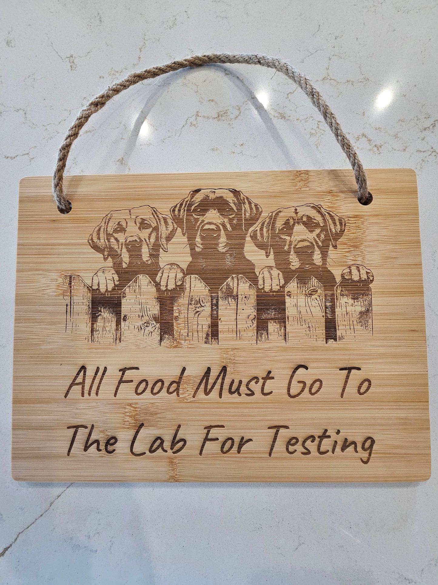 Engraved Bamboo Board – “All Food Must Go To The Lab For Testing” | Labrador Kitchen Décor