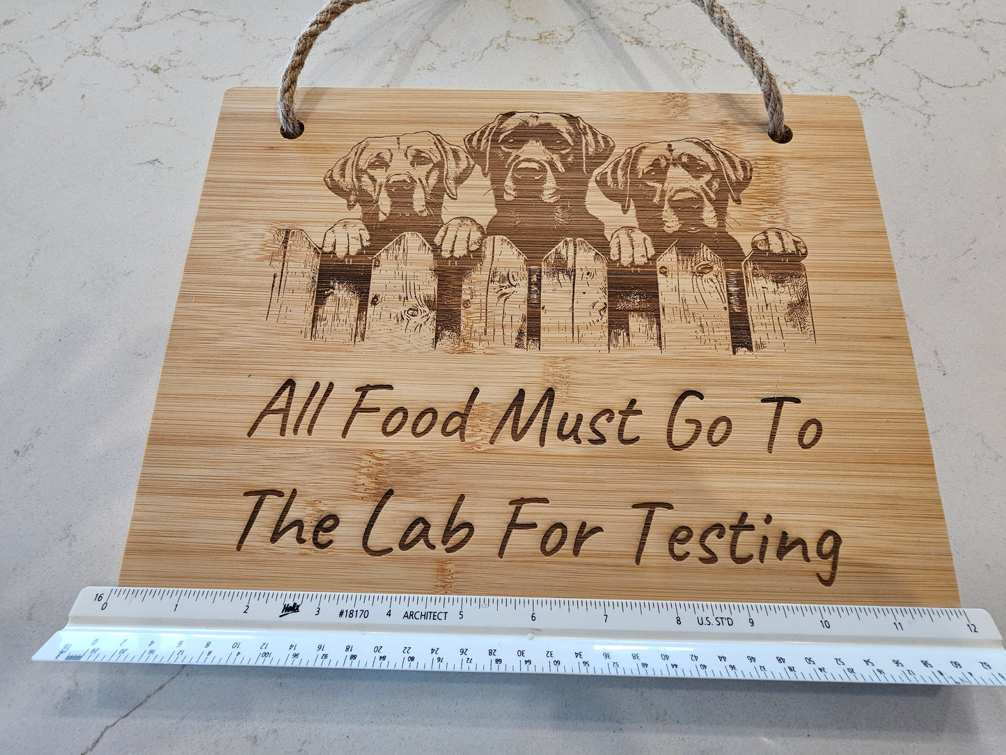 Engraved Bamboo Board – “All Food Must Go To The Lab For Testing” | Labrador Kitchen Décor