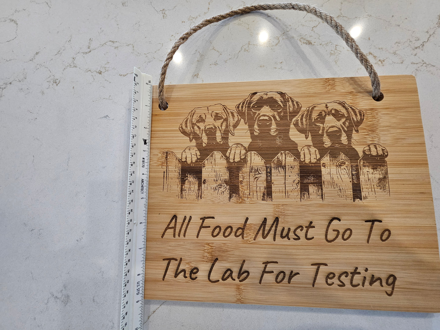 Engraved Bamboo Board – “All Food Must Go To The Lab For Testing” | Labrador Kitchen Décor