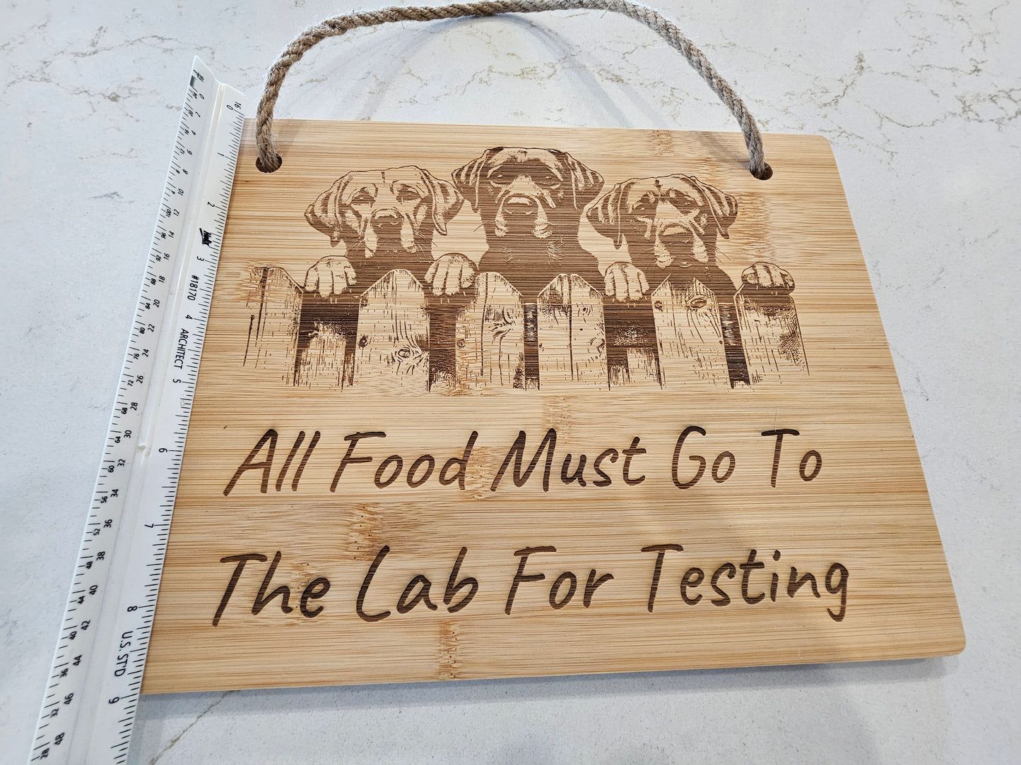 Engraved Bamboo Board – “All Food Must Go To The Lab For Testing” | Labrador Kitchen Décor