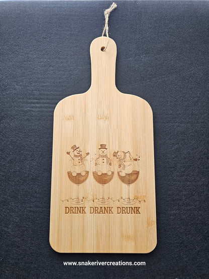 Drink Drank Drunk Snowman Cutting Board – Funny Christmas Bamboo Serving Board | Holiday Hostess Gift