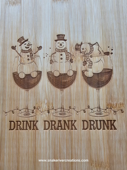 Drink Drank Drunk Snowman Cutting Board – Funny Christmas Bamboo Serving Board | Holiday Hostess Gift