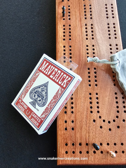 Handcrafted Hardwood Cribbage Board – 2-Track Game Set with Pegs, Bag & Cards