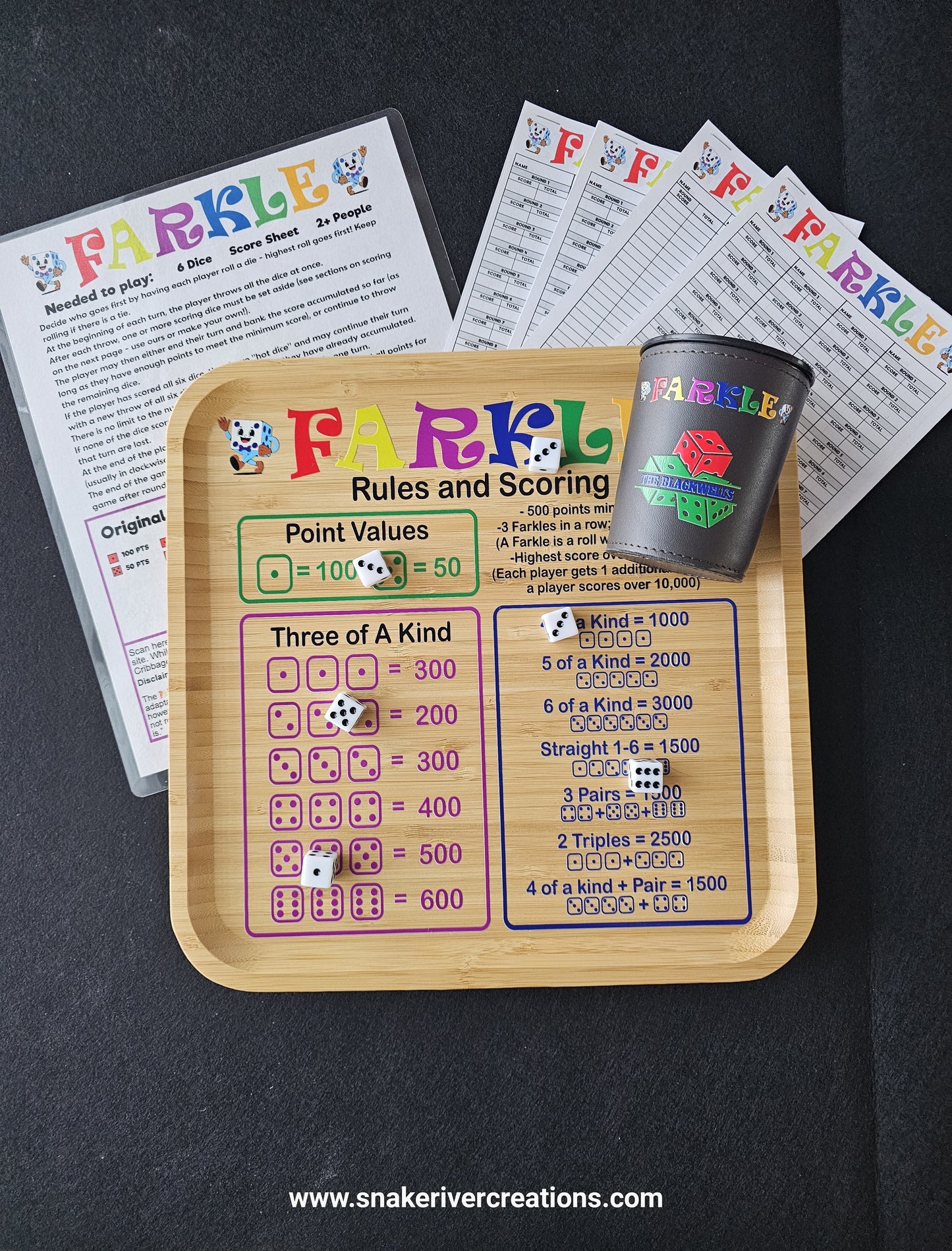 Farkle Game Set with Rules and Score Cards – Optional Personalized Dice Cup Available