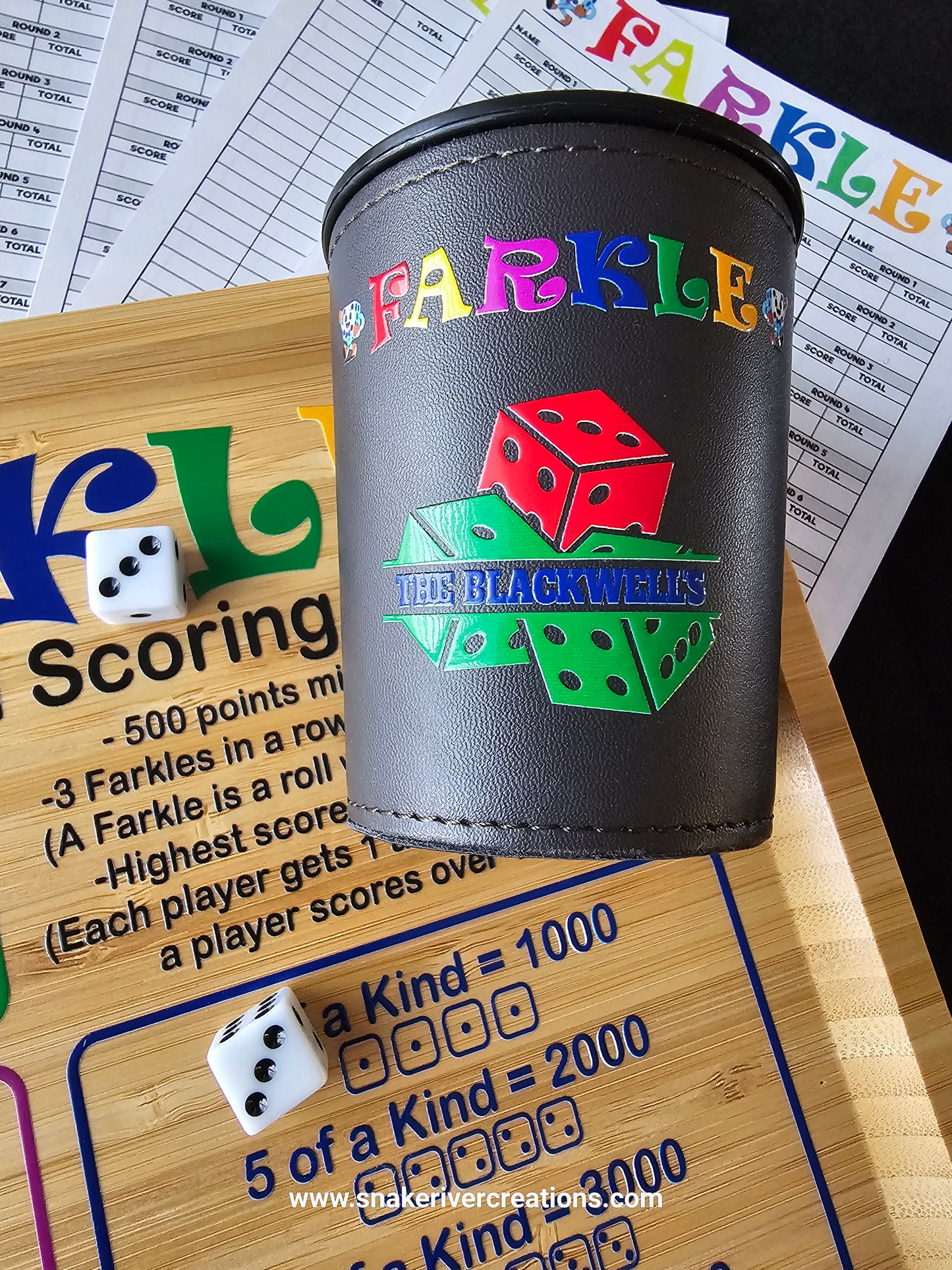 Farkle Game Set with Rules and Score Cards – Optional Personalized Dice Cup Available