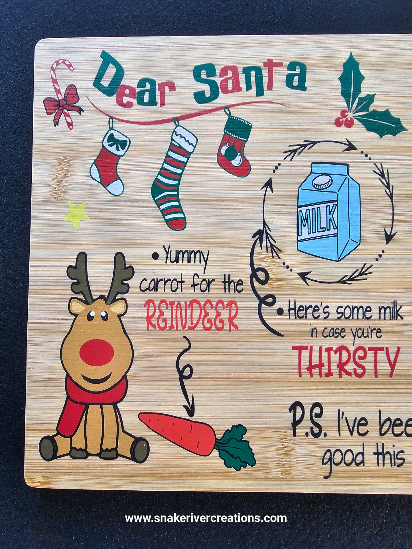Dear Santa Cookie Serving Board – UV Printed Bamboo Board | Personalized Christmas Cookie Board | Santa & Reindeer Treat Tray