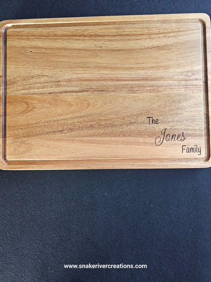 Personalized Acacia Wood Cutting Board – 12 x 17 x 1 | Engraved Family Name Cutting Board | Handmade Kitchen Gift
