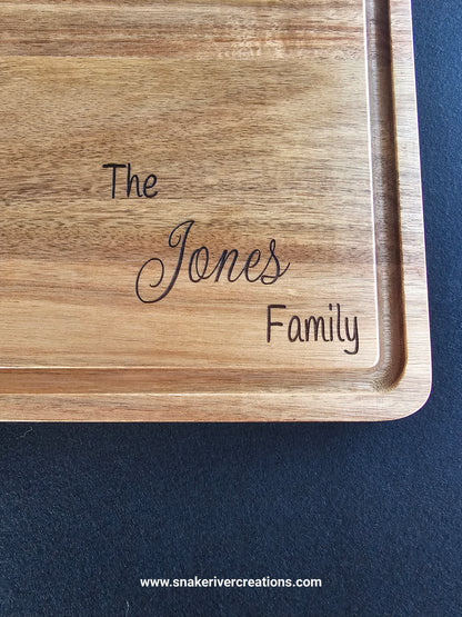 Personalized Acacia Wood Cutting Board – 12 x 17 x 1 | Engraved Family Name Cutting Board | Handmade Kitchen Gift