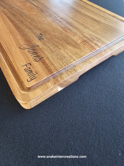 Personalized Acacia Wood Cutting Board – 12 x 17 x 1 | Engraved Family Name Cutting Board | Handmade Kitchen Gift