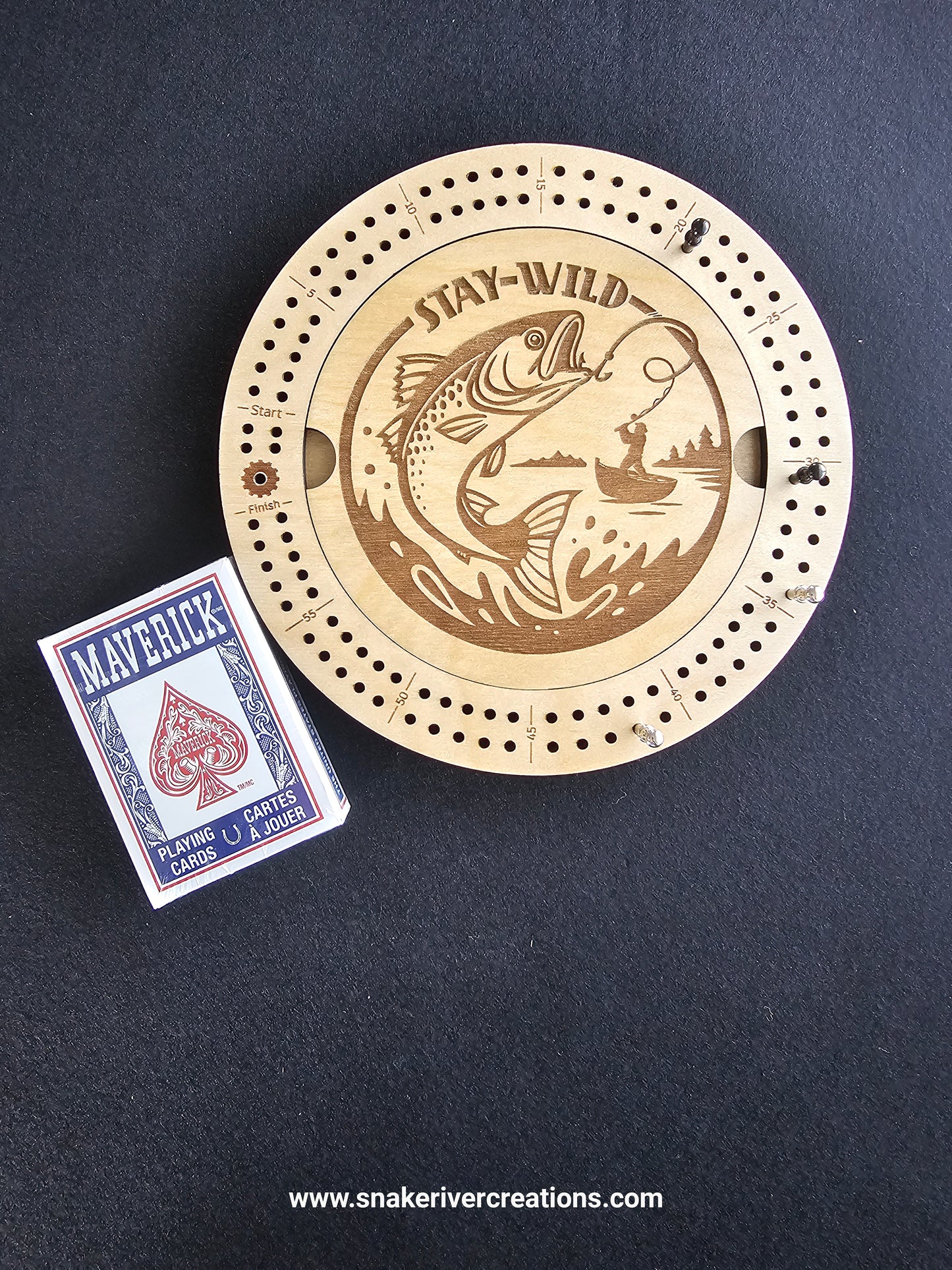 Round Wooden Cribbage Board with Engraved Lid | Hidden Peg Storage | Cabin, Fishing & Wildlife Designs | Handmade Game Board
