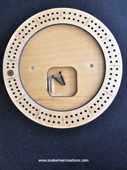 Round Wooden Cribbage Board with Engraved Lid | Hidden Peg Storage | Cabin, Fishing & Wildlife Designs | Handmade Game Board