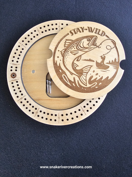 Round Wooden Cribbage Board with Engraved Lid | Hidden Peg Storage | Cabin, Fishing & Wildlife Designs | Handmade Game Board