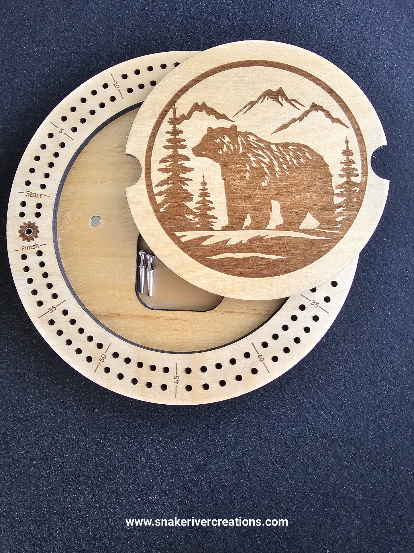 Round Wooden Cribbage Board with Engraved Lid | Hidden Peg Storage | Cabin, Fishing & Wildlife Designs | Handmade Game Board