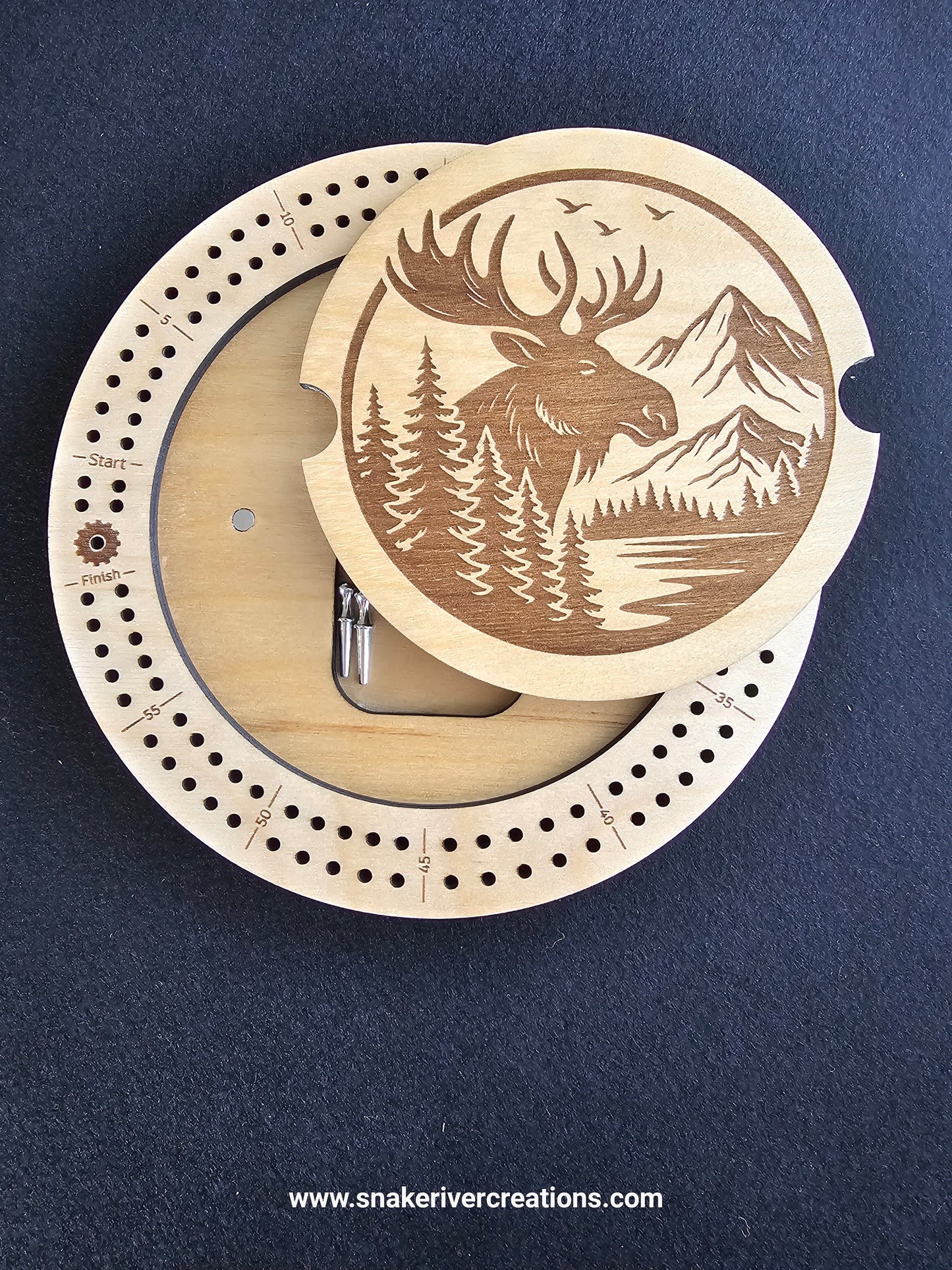 Round Wooden Cribbage Board with Engraved Lid | Hidden Peg Storage | Cabin, Fishing & Wildlife Designs | Handmade Game Board