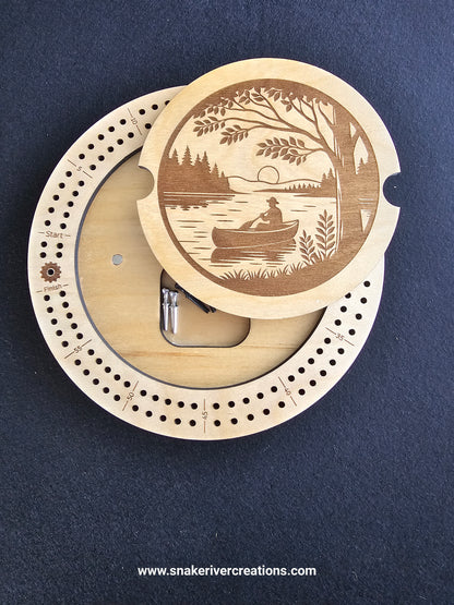 Round Wooden Cribbage Board with Engraved Lid | Hidden Peg Storage | Cabin, Fishing & Wildlife Designs | Handmade Game Board