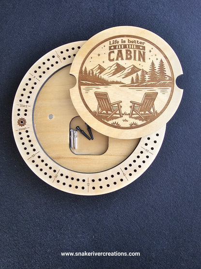 Round Wooden Cribbage Board with Engraved Lid | Hidden Peg Storage | Cabin, Fishing & Wildlife Designs | Handmade Game Board