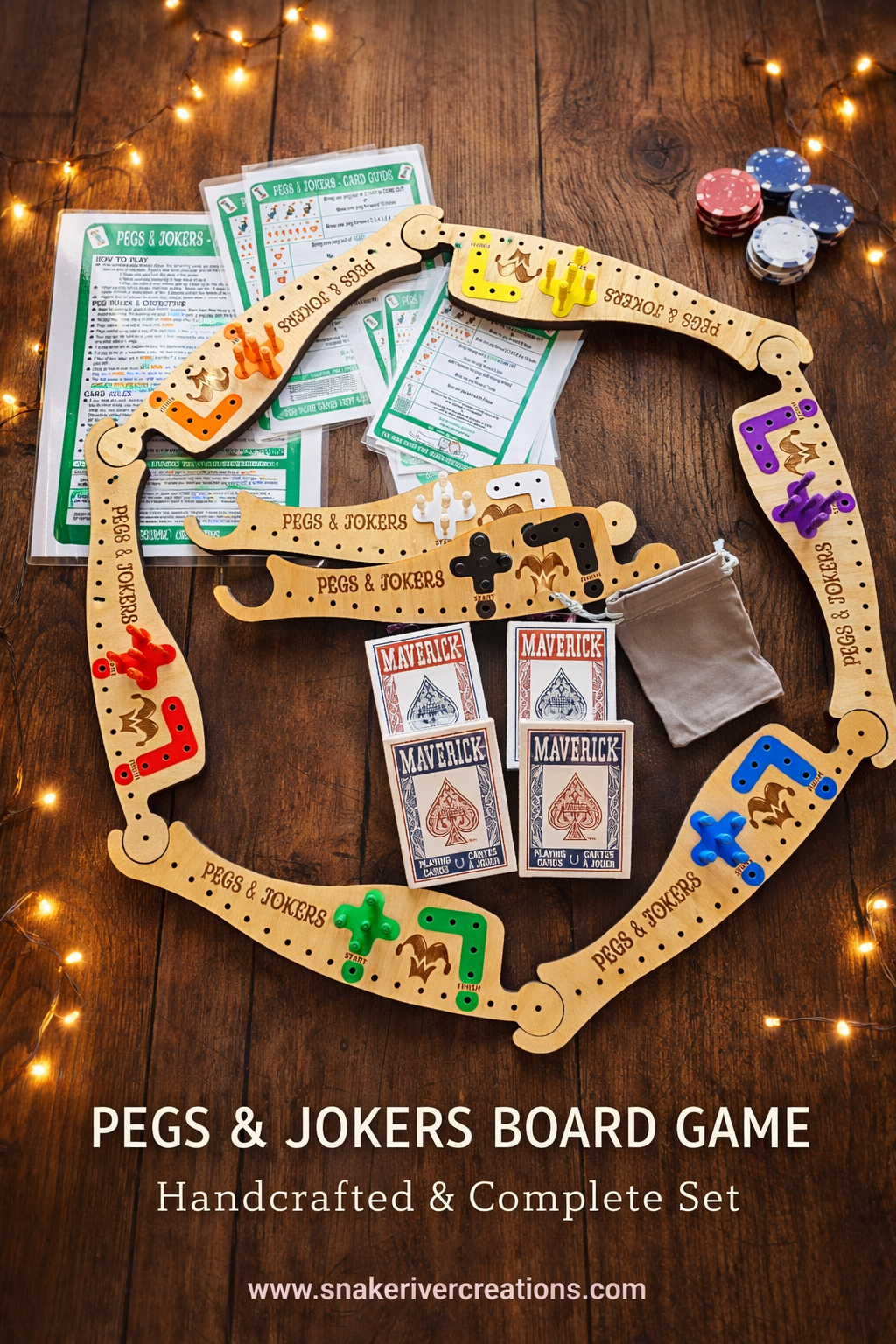 Pegs & Jokers Game Set – Up to 8 Players | Complete Family Board Game | Handmade Wooden Game Boards | Cards, Pegs & Instructions Included