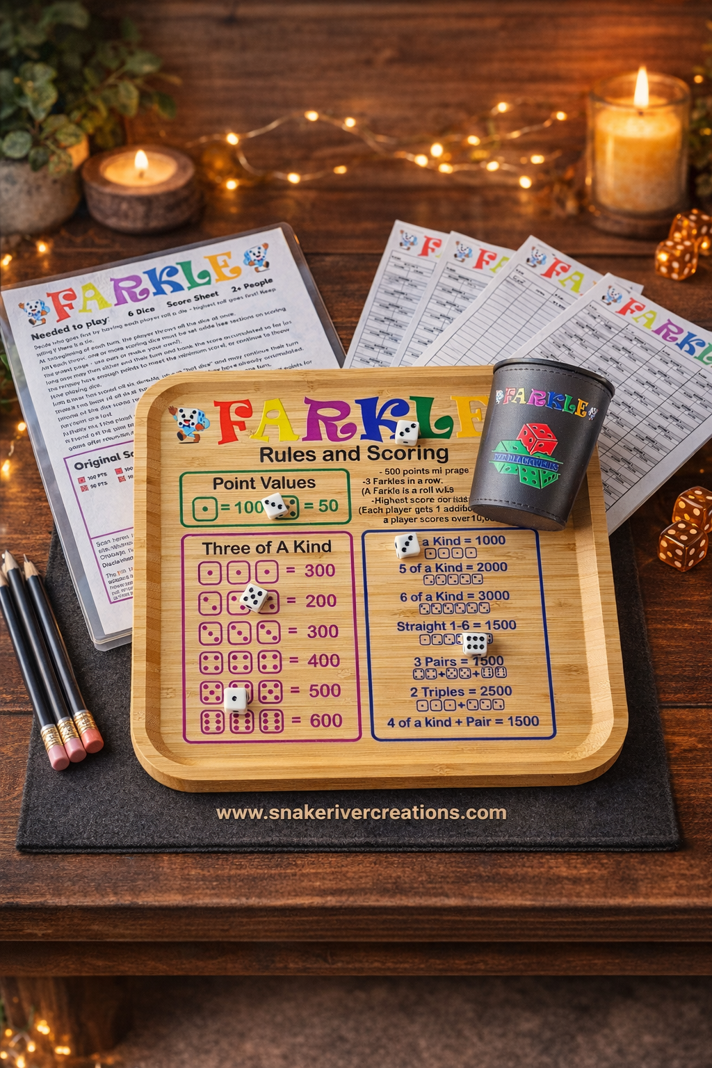 Farkle Game Set with Rules and Score Cards – Optional Personalized Dice Cup Available