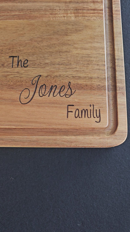 Personalized Acacia Wood Cutting Board – 12 x 17 x 1 | Engraved Family Name Cutting Board | Handmade Kitchen Gift